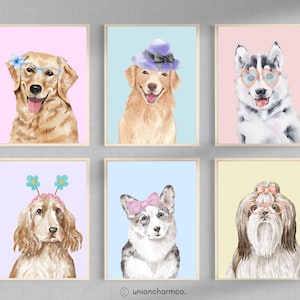 かわいい犬のウォールアート6枚セット | 水彩画の子犬のプリントプリント | デジタルダウンロード ペットの保育園の装飾 | プレイルーム＆子供部屋用犬のポスター