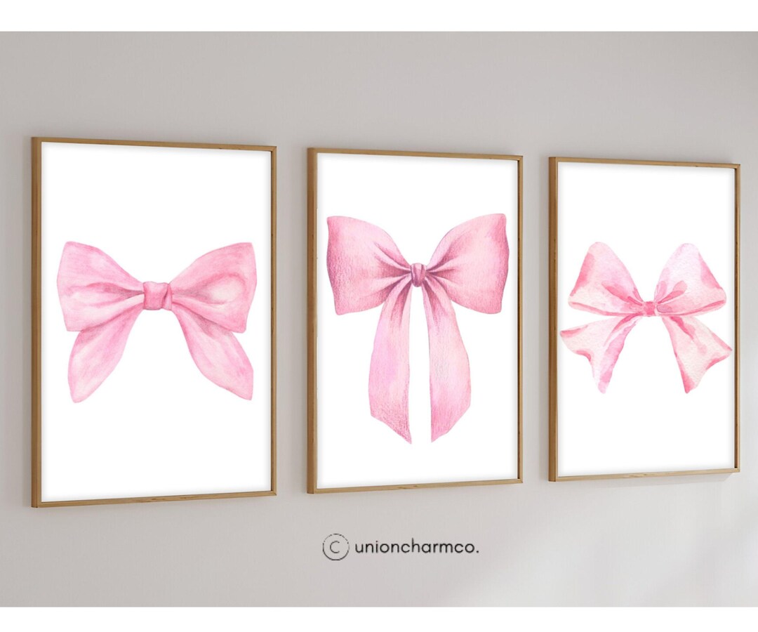 Pink Bow Nursery Wall Art Set of 3, Baby Girl Room Decor, Watercolor ...