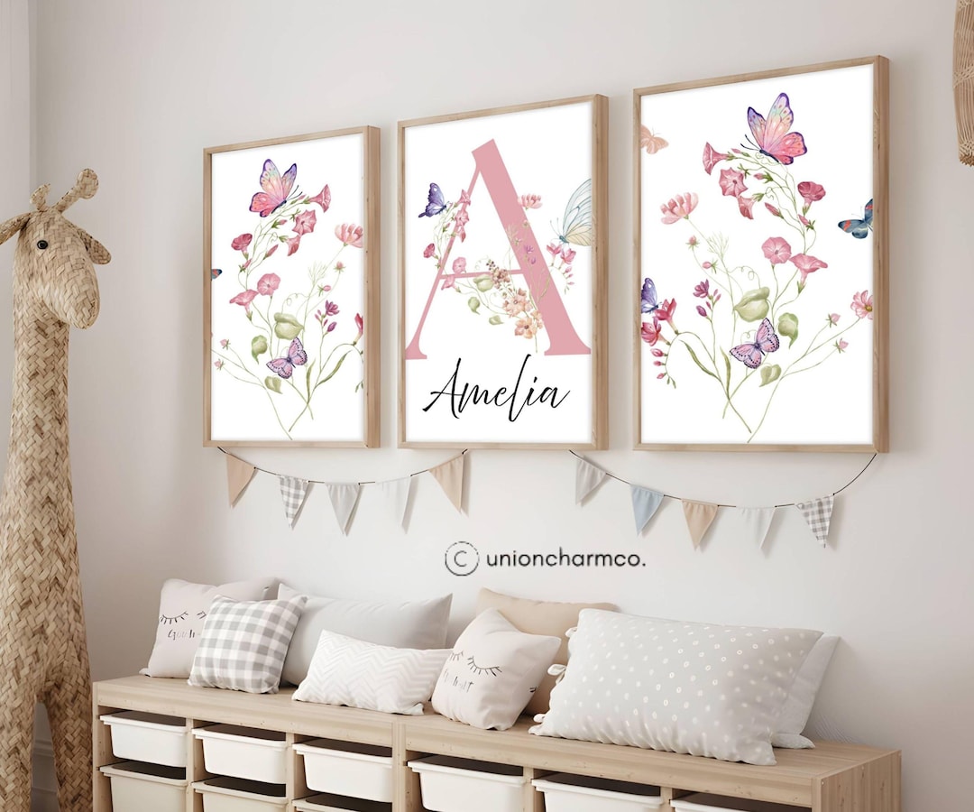 Personalized Nursery Wall Art Set of 3 | Butterfly Floral Name Print ...