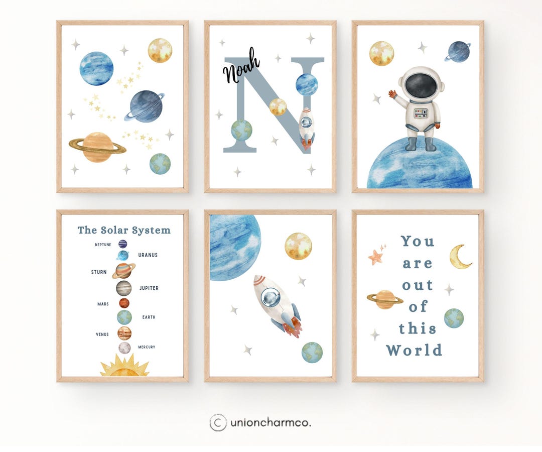 Space Nursery Wall Art Set of 6, Personalized Name Print, Solar System ...