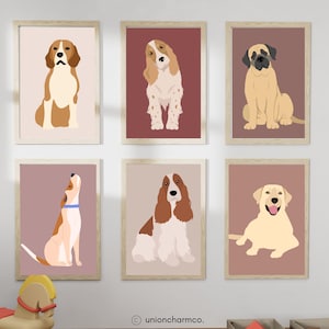 犬のウォールアートプリント6枚セット | デジタルダウンロード 犬のポスター 保育園、子供部屋、プレイルーム、子犬のペットの装飾に