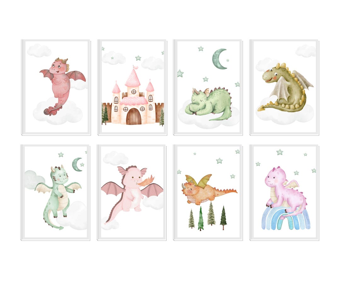Dragon Nursery Wall Art Set, Cute Baby Dragon Prints, Fantasy Nursery ...