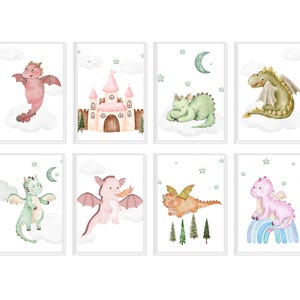 Set of 8 Baby Dragon Nursery Wall Art Prints | Cute Fantasy Castle Decor | Printable Kids Room, Playroom, Boy & Girl Bedroom Digital Prints