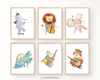 Musical Animal Nursery Wall Art Set, Cute Orchestra Animals Prints, Neutral Kids Room Decor, Music Theme Nursery Printable Art