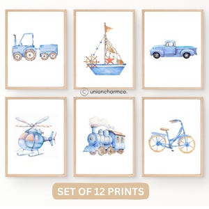 May include: A set of 12 framed watercolour prints depicting blue vehicles, including a tractor, boat, truck, helicopter, train, and bicycle. The prints are in a light blue colour scheme, suitable for a nursery or child's room.