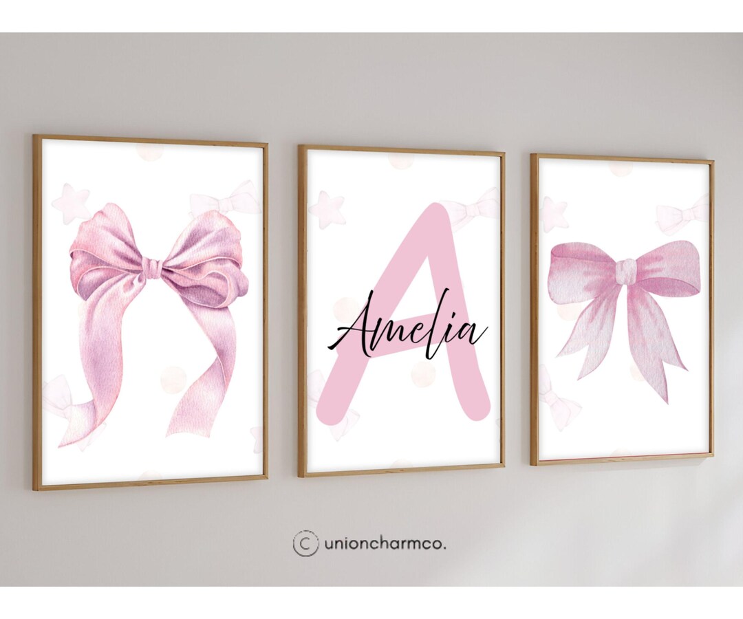 Personalized Pink Bow Nursery Wall Art Set of 3, Baby Girl Name Initial ...