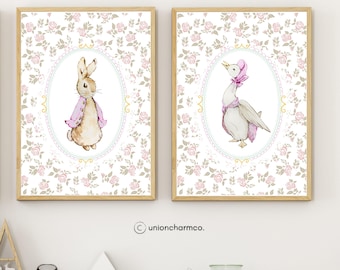 Láminas artísticas vintage para habitación infantil con conejito y ganso / Acuarela floral (Descarga digital)