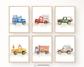 Watercolor Vehicle Nursery Wall Art Set, Truck & Car Prints, Boys Nursery Decor, Transportation Kids Room Art