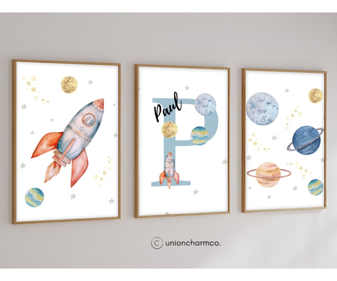 Space Nursery Wall Art Set of 3, Personalized Rocket Nursery Prints ...