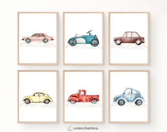 Vintage Car Wall Art Set of 6 | Boys Room Decor | Watercolor Car Prints | Toddler Nursery Art | Playroom Digital Download | Kids Room Decor