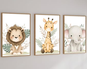 Ensemble de 3 oeuvres d'art murales Safari pour chambre de bébé | Imprimés bébé lion, girafe et éléphant | Animaux de la jungle neutres à téléchargement numérique pour chambre de garçons et de filles
