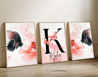 Custom Butterfly Nursery Wall Art Set, Floral Initial Name Print, Pink Baby Girl Room Decor, Elegant Butterfly Nursery Printable