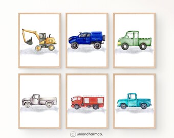 Construction Vehicle Nursery Wall Art Set, Watercolor Truck Prints, Boy Nursery Decor, Construction Trucks Kids Room Art
