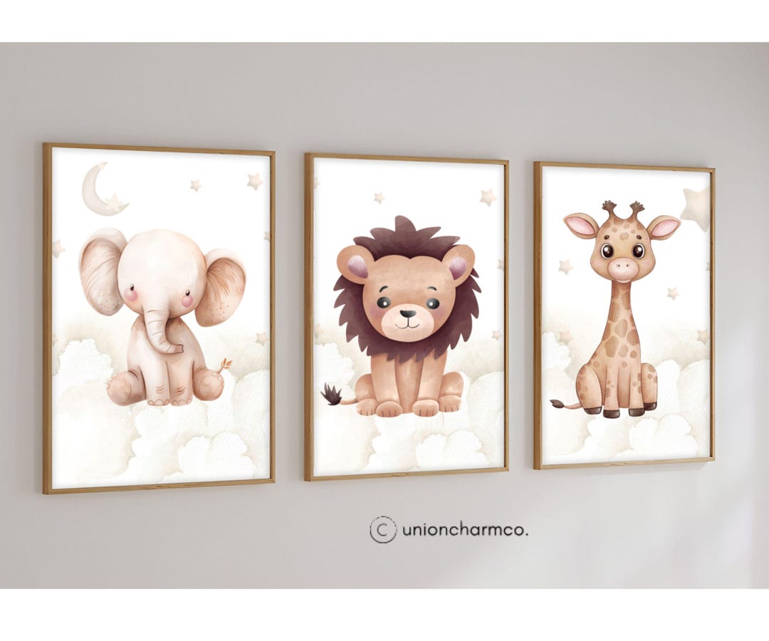 Safari Animal Nursery Wall Art Set of 3 | Giraffe Lion Elephant Prints ...