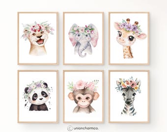 Safari Tier Kinderzimmer Drucke, 6er Set, Safari Dschungel Wand Kunst Blumenkrone, Mädchenzimmer Kinderzimmer Dekor, Boho Kinderzimmer digitaler Download