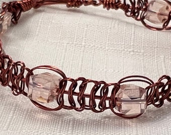 Antique copper macrame wire pink crystals bracelet