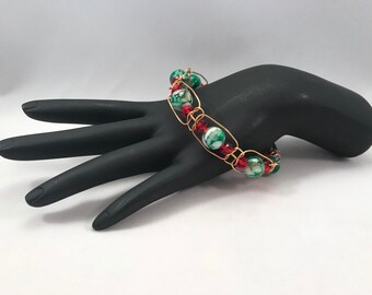 Green and red crystal macrame wire faux gold Christmas holiday bracelet