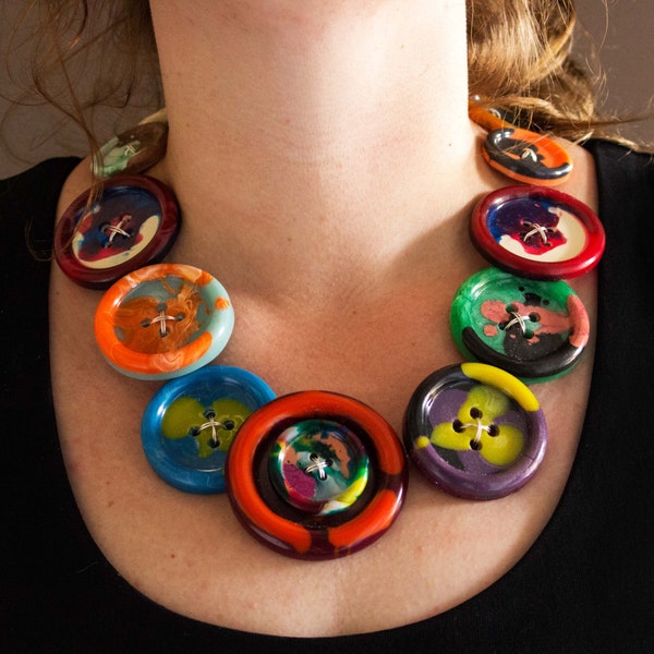 Colourful Button Necklace - Handmade Resin Buttons. Bright, Mixed Colour, Rainbow, Confetti, Unique, Funky, Statement Women's Jewellery