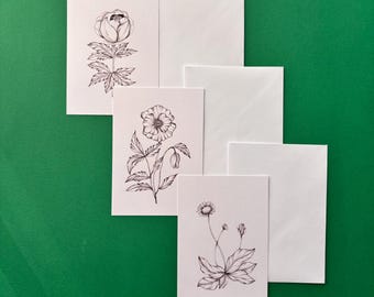 Tarjetas de felicitación con flores silvestres inglesas / Ilustraciones botánicas lineales / Juego de 3 o tarjeta individual