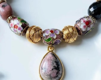 Radonite Stone Enamel Beaded Necklace and Bracelet Set - Mother's Day Gift