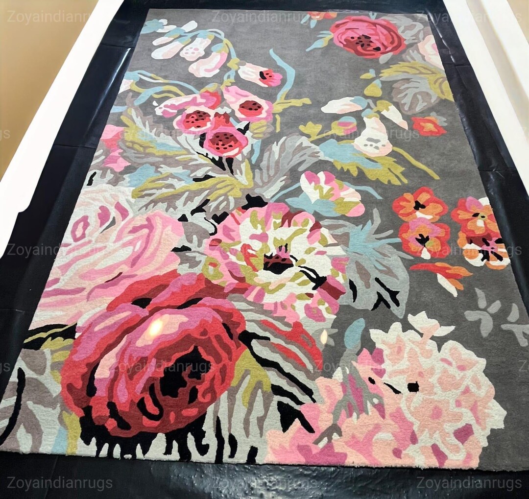 Hand Tufted Floral Wool Rug 8x10, Modern Botanical Area Carpet, Grey ...