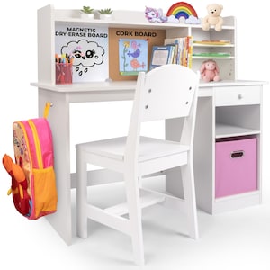 Kids Study Desk with Hutch & Chair | White Kids Desk with Corkboard and Whiteboard | Children’s Homework Desk | Kids Study Table