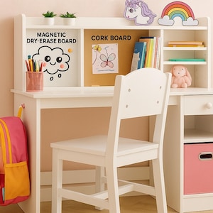 Kids Study Table and Chair Set with Drawers & Hutch—Wooden Study Desk for Bedroom, kids Homework Desk, Kids Montessori Furniture