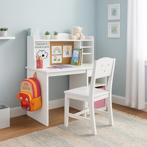 Kids White Study Desk with Hutch | Whiteboard & Corkboard