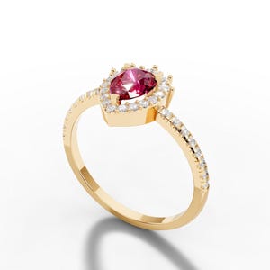 14K massief gouden peervormige robijn halo ring, sterling zilveren verlovingsring