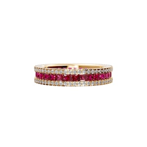 14K Gold Rubin Eternity Band, Princess Cut Roter Edelstein Ring