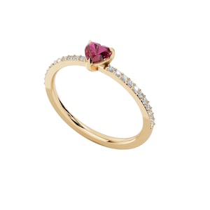 Anillo de corazón con piedra de nacimiento personalizada, oro macizo de 10 quilates, media fila de piedras preciosas.