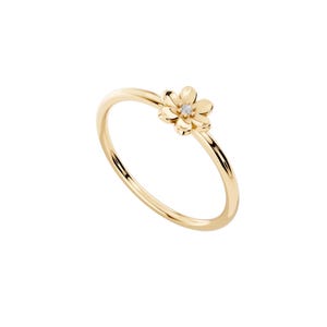 Könnte beinhalten: Ein Ring aus poliertem Gelbgold mit einem zarten, fünfblättrigen Blumenmotiv in der Mitte. Die Mitte der Blume ist mit einem einzelnen kleinen, klaren, rund geschliffenen Edelstein besetzt. Die Ringschiene ist glatt, schmal und rund.