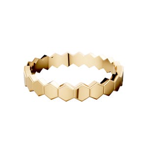 Fede nuziale esagonale in oro massiccio 14K, anello geometrico impilabile