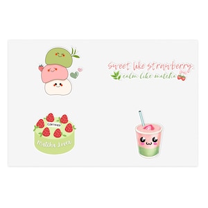 Sweet Like Strawberry Calm Like Matcha Aufkleber Set | Matcha Erdbeerkuchen Mochi Kawaii Aufkleber | Niedliche Pastell Laptop und Journal Aufkleber