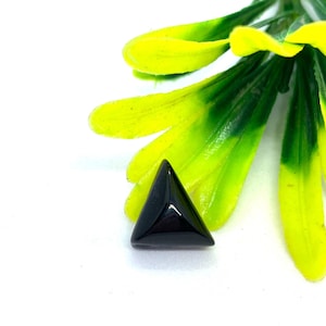 Puede incluir: Una pequeña piedra preciosa triangular negra pulida. La gema se encuentra sobre un fondo de hojas verdes y amarillas brillantes, creando un contraste llamativo. La forma es un triángulo equilátero perfecto.