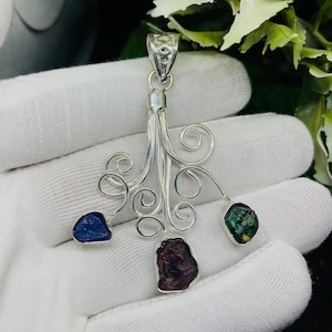 Handmade Silver Multi Gemstone Pendant Natural Tanzanite Ruby Emerald Pendant Raw Gemstone Necklace Charm Artisan Sterling Silver Jewelry