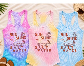 Sunshine & Saltwater Tie Dye Racerback Tank Top, Beach Vacation Summer Beach Shirt, Coastal Tank Top, Lake Life Ocean Lover Racerback Tank