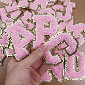 Pink Chenille Letter Patches – 8cm Iron-On Alphabet Applique – Varsity Style Adhesive Letters for DIY Bags, Jackets, Clothes, Crafts
