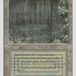 May include: A Magic: The Gathering trading card titled Bayou, featuring a swamp and forest illustration. The card text reads: Add either black or green mana to your mana pool. Counts as both swamp and forest and is affected by spells that affect either.