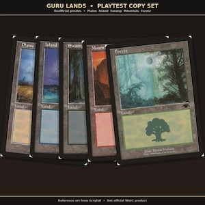 May include: A set of five Guru Lands playtest copy trading cards featuring Plains, Island, Swamp, Mountain, and Forest. Each card displays landscape artwork, the card type Land, and a colored mana symbol box. The text reads Guru Lands Playtest Copy Set.