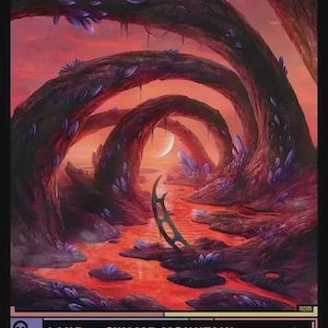 May include: A rectangular trading card titled Blood Crypt featuring a landscape illustration of a red river flowing through dark, arched tree-like structures under a crescent moon. The card frame includes the text Land - Swamp Mountain and Star Trek icons.