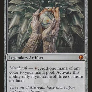May include: A Mox Opal trading card featuring a legendary artifact with a cost of zero. The artwork depicts two pale, textured hands holding a circular, glowing object with a triangular centre. The text includes the card name, type, and rules.