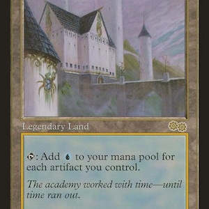 May include: A Magic: The Gathering trading card titled Tolarian Academy. The card features a tan border, a light blue text box, and an illustration of a white stone castle with towers. The text reads: Legendary Land, Add a blue mana symbol to your mana pool for each artifact you control. The academy worked with time—until time ran out. Illus. Stephen Daniele.