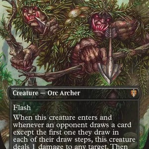 May include: A collectible trading card titled Orcish Bowmasters featuring two green-skinned orc archers with red eyes, wearing leafy camouflage, and holding wooden bows with metal-tipped arrows. The card text details creature abilities and stats.