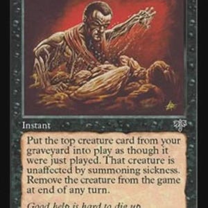 Może przedstawiać: Karta kolekcjonerska Magic: The Gathering o tytule Shallow Grave. Ilustracja przedstawia postać wyłaniającą się z ciemnej ziemi o czerwonych odcieniach. Tekst na karcie brzmi: Put the top creature card from your graveyard into play as though it were just played.