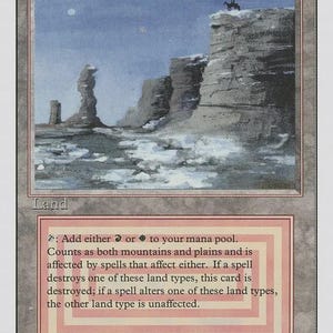 May include: A collectible trading card titled Plateau, featuring a landscape illustration of a rocky cliff and a lone rider against a blue sky. The card text reads: Add either red or white mana to your mana pool. Counts as both mountains and plains.