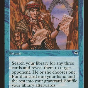 Może przedstawiać: Niebieska karta kolekcjonerska Magic: The Gathering o tytule Intuition. Ilustracja przedstawia postać w beżowo-brązowych szatach trzymającą pergamin z symbolami. Tekst brzmi: Search your library for any three cards and reveal them to target opponent. He or she chooses one. Put that card into your hand and the rest into your graveyard. Shuffle your library afterwards.