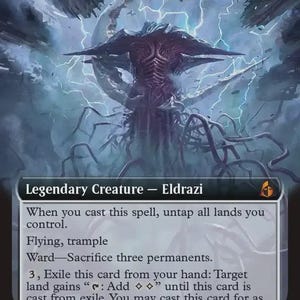 May include: A Magic: The Gathering trading card titled Emrakul, the Exigent Doom. The card features a large, dark, tentacled creature against a blue, lightning-filled sky. It is a legendary creature card with a power and toughness of 12/12.