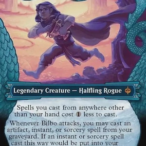 May include: A Bilbo, Thief in the Night trading card featuring a halfling rogue in a hooded cloak running with a golden chalice. The card text includes the name, mana cost, creature type, and game rules on a blue and purple background.