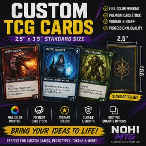 May include: Custom TCG cards measuring 6.35 cm by 8.89 cm. The image displays three game cards titled Ember Dragon, Mystic Sorcerer, and Forest Sentinel, alongside a card back featuring a compass design. Text includes full colour printing.